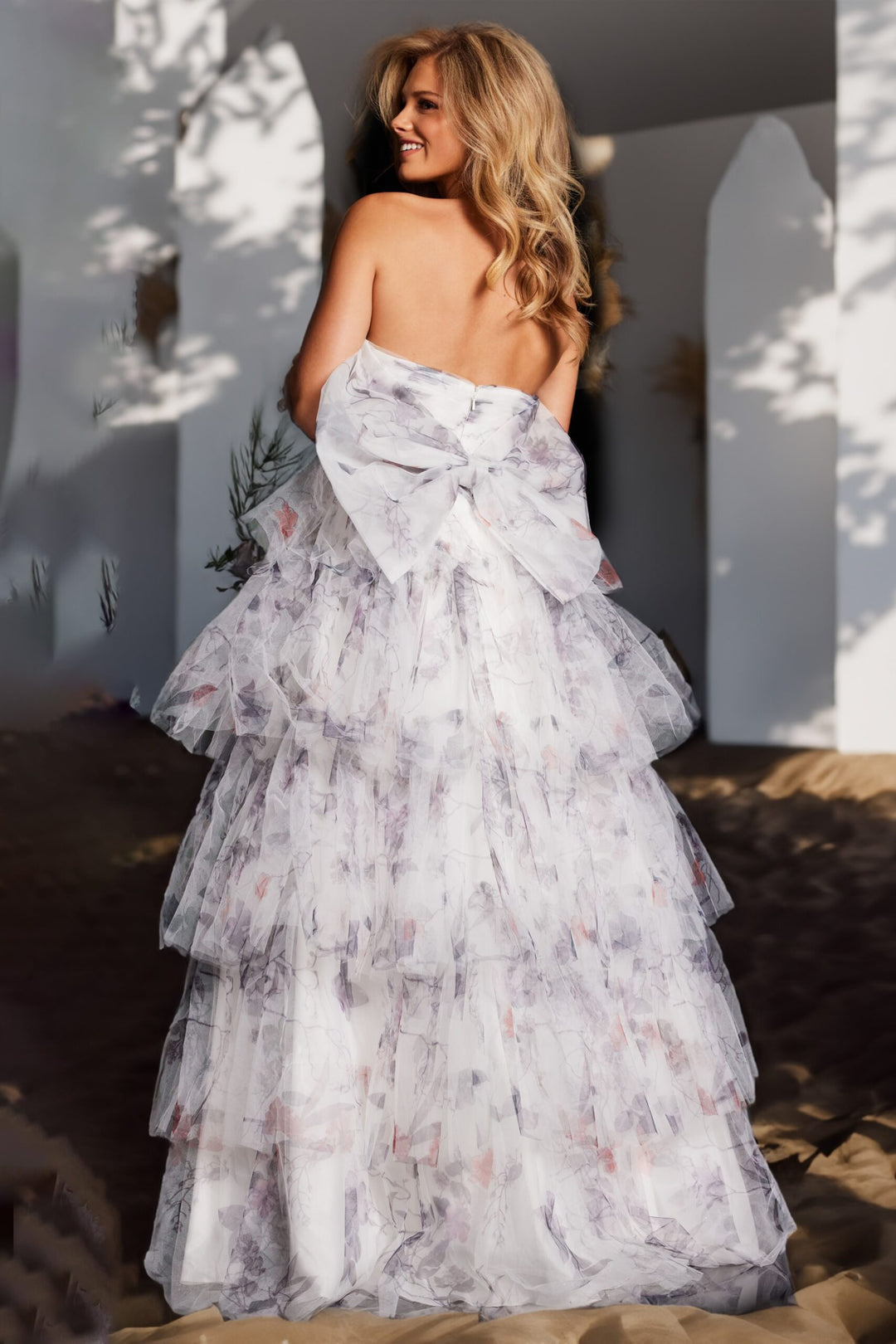 Print Strapless A-line Ruffled Gown by Jovani 38608