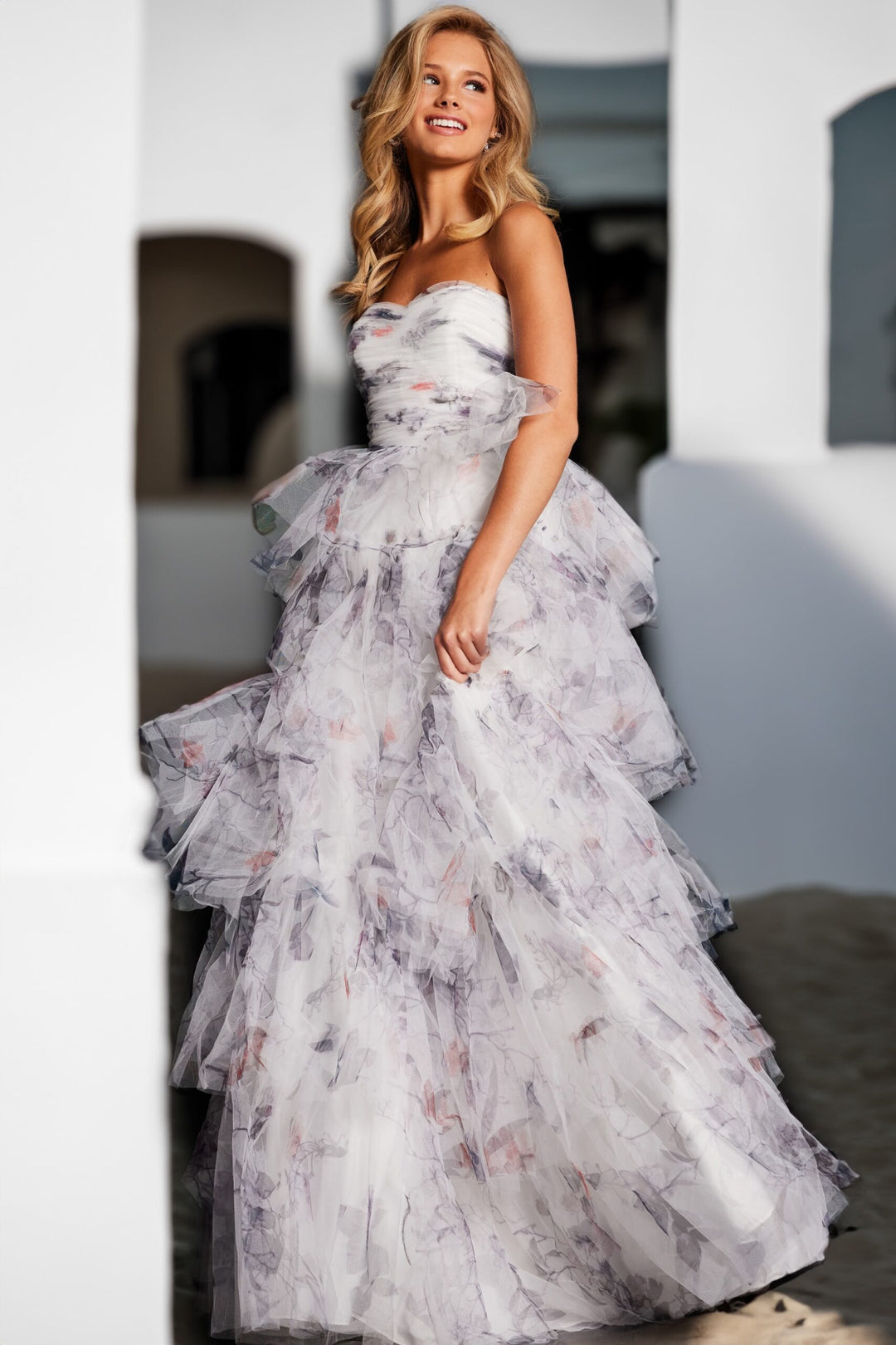 Print Strapless A-line Ruffled Gown by Jovani 38608