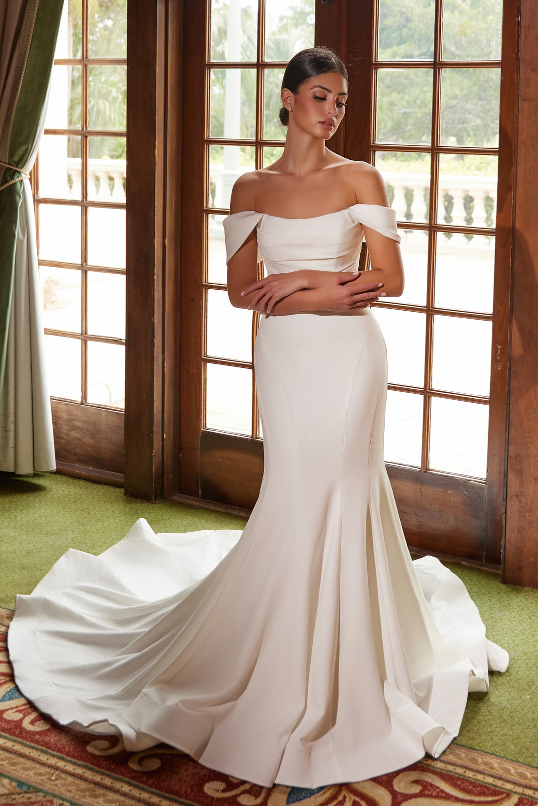 Satin Off Shoulder Bridal Gown by Nox Anabel JW1032