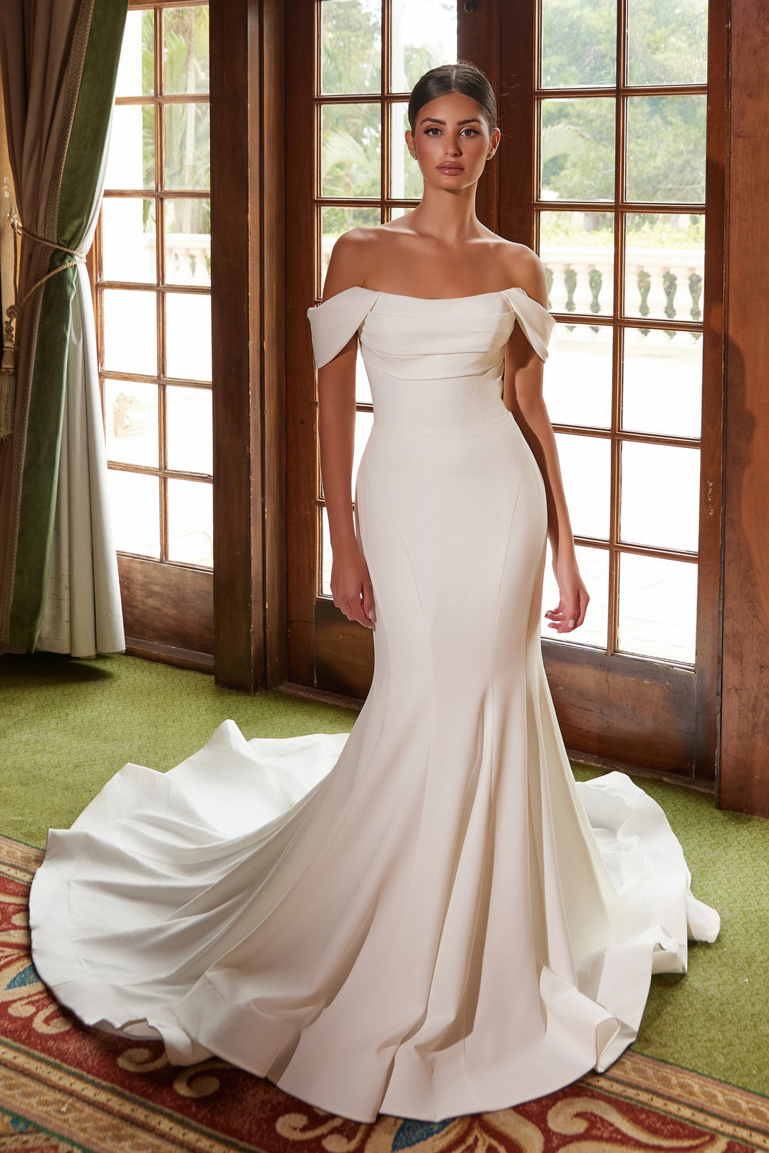 Satin Off Shoulder Bridal Gown by Nox Anabel JW1032