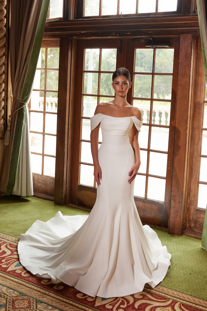 Satin Off Shoulder Bridal Gown by Nox Anabel JW1032