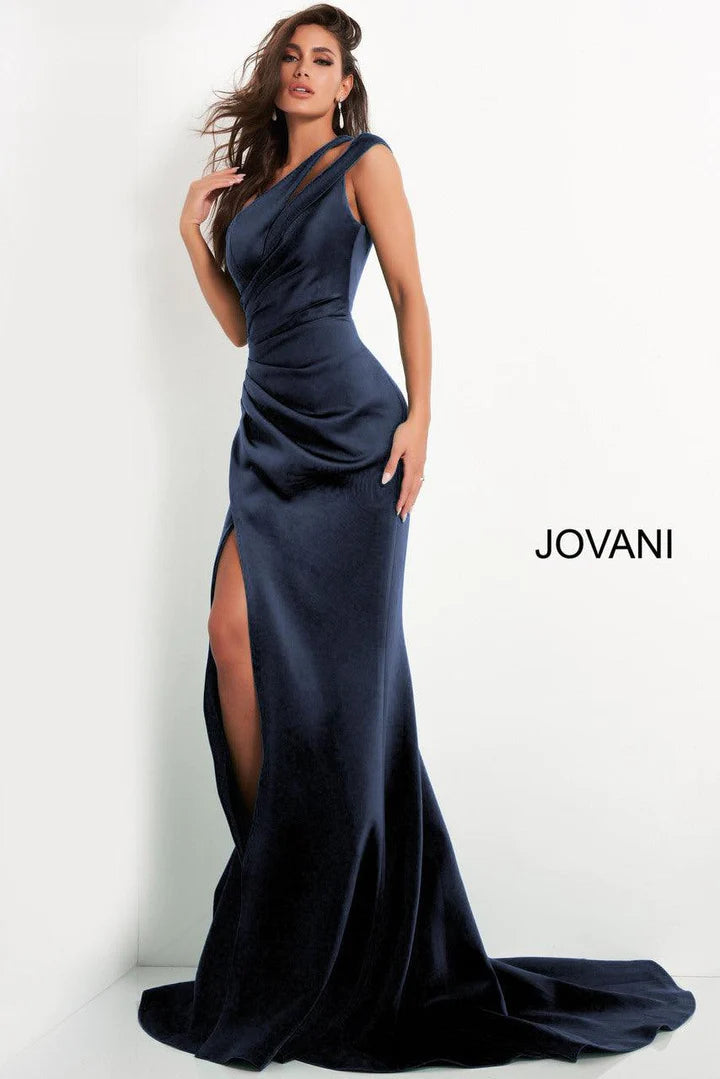 Crepe Fitted One Shoulder Slit Gown by Jovani 04222