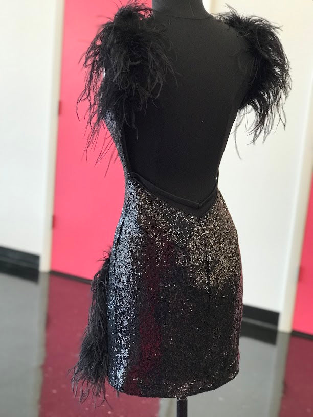 Feather Sequin Short V-Neck Dress by Jovani 23059