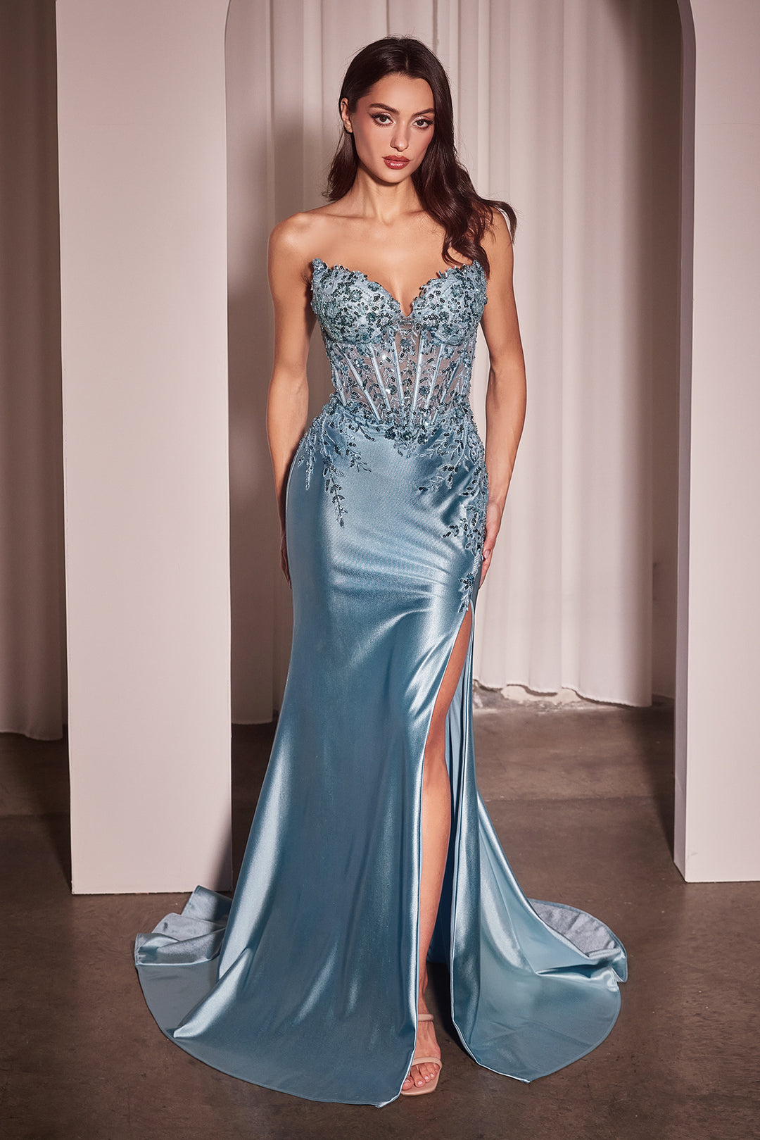 Applique Satin Strapless Slit Gown by Ladivine KV1112