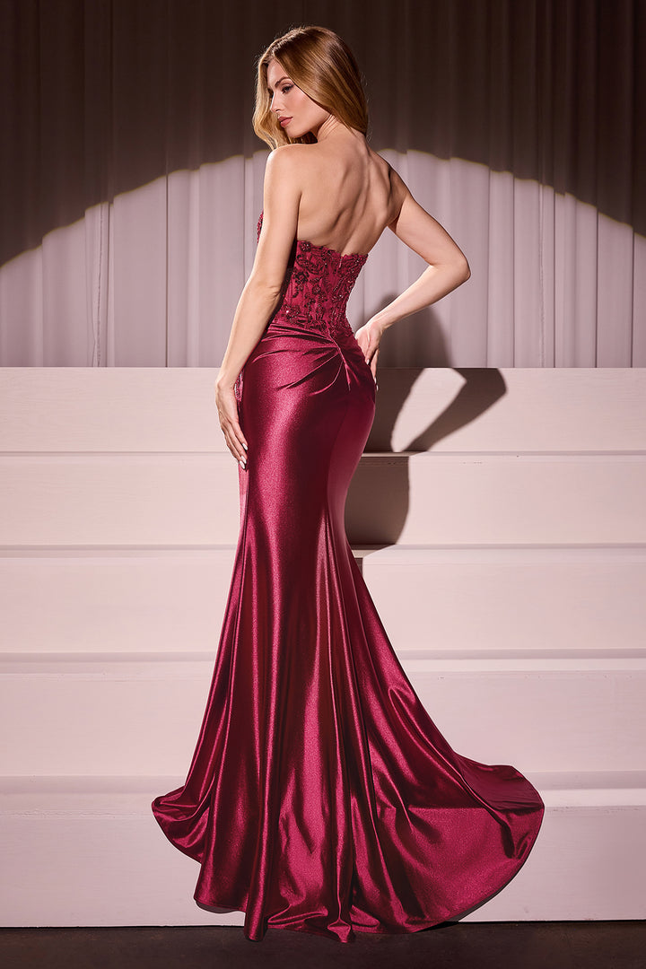 Applique Satin Strapless Slit Gown by Ladivine KV1112