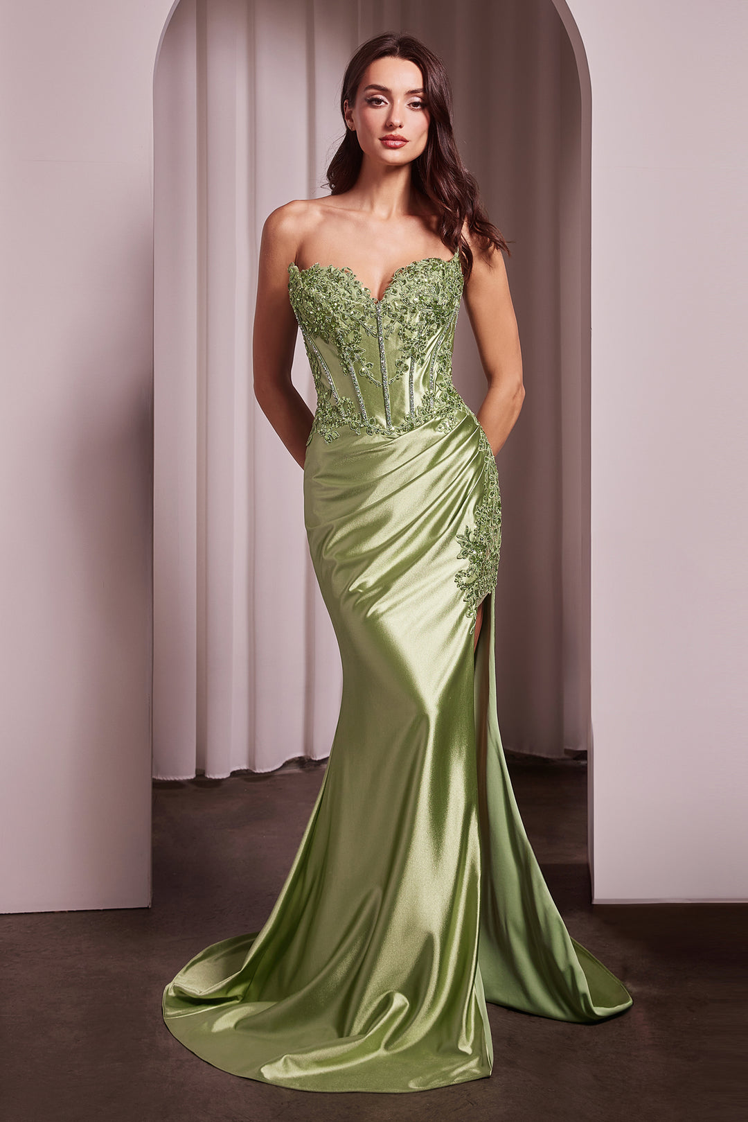 Applique Satin Strapless Slit Gown by Ladivine KV1116