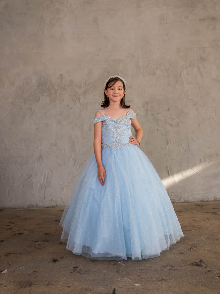 Girls Beaded Off Shoulder Tulle Gown by Calla KY232