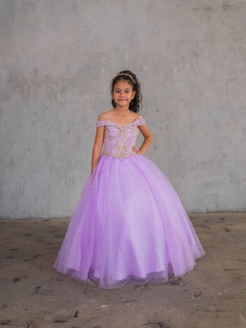 Girls Beaded Off Shoulder Tulle Gown by Calla KY232