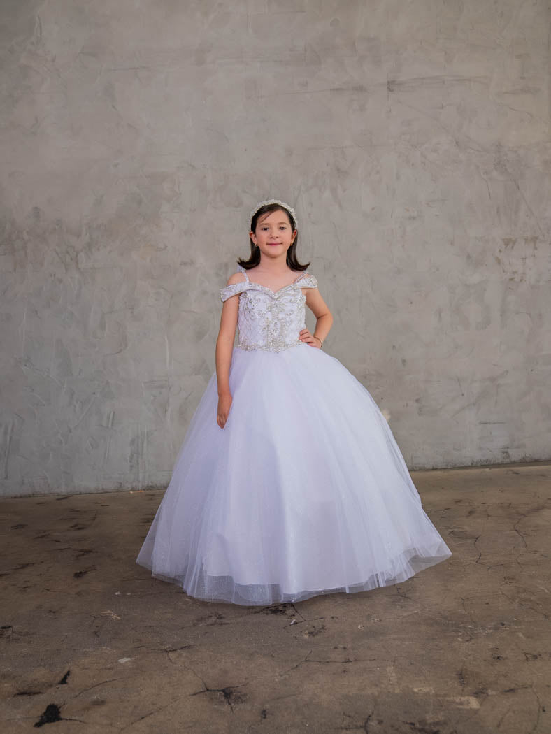 Girls Beaded Off Shoulder Tulle Gown by Calla KY232