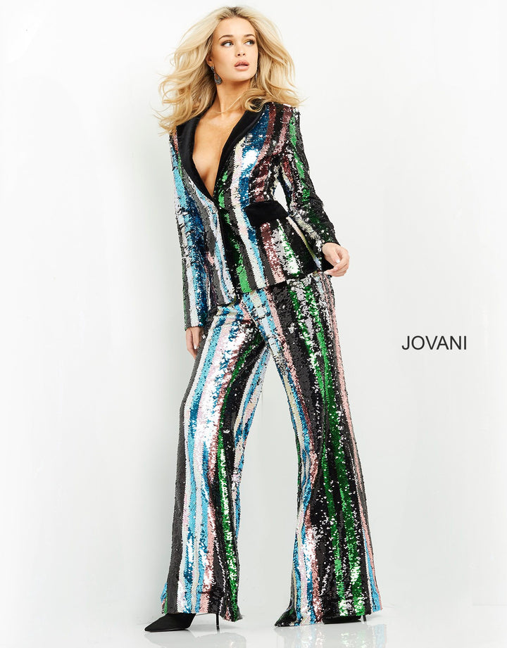 Multicolor Sequin V-Neck Pant Suit by Jovani M02942