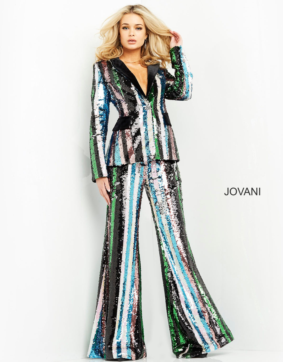 Multicolor Sequin V-Neck Pant Suit by Jovani M02942