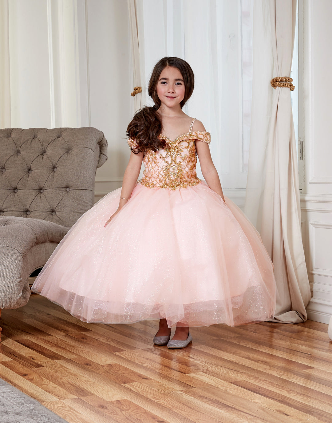 Girls Beaded Off Shoulder Tulle Gown by Calla KY232