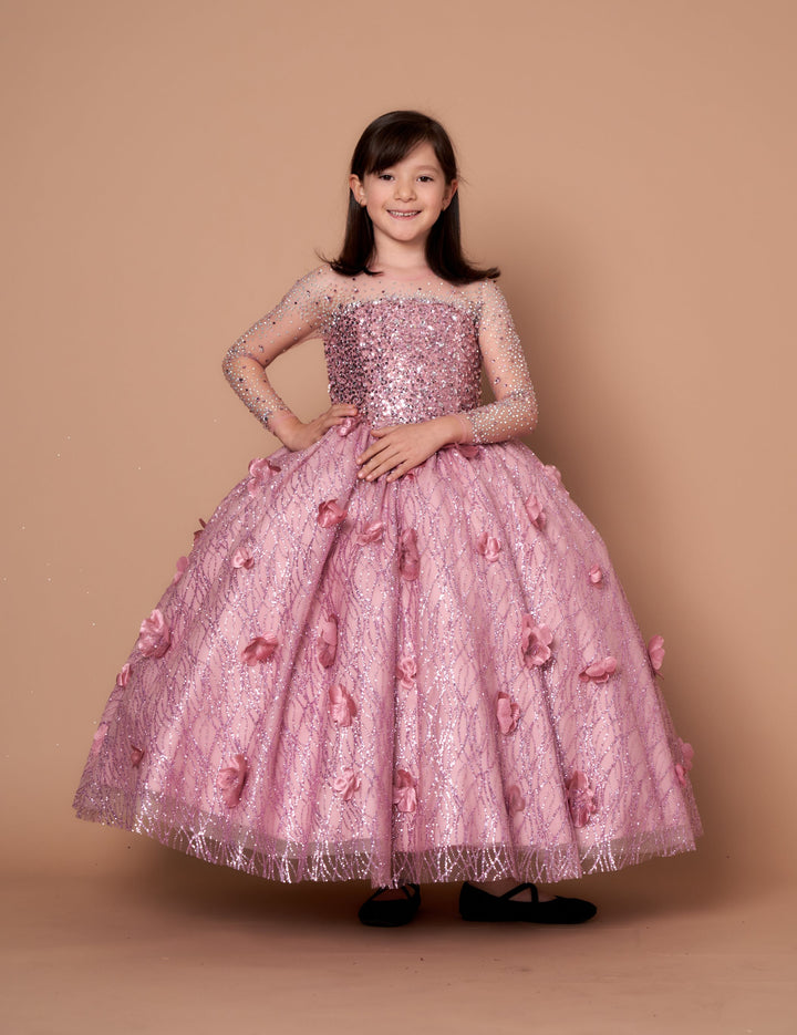 Girls 3D Floral Long Sleeve Gown by Calla SCK302