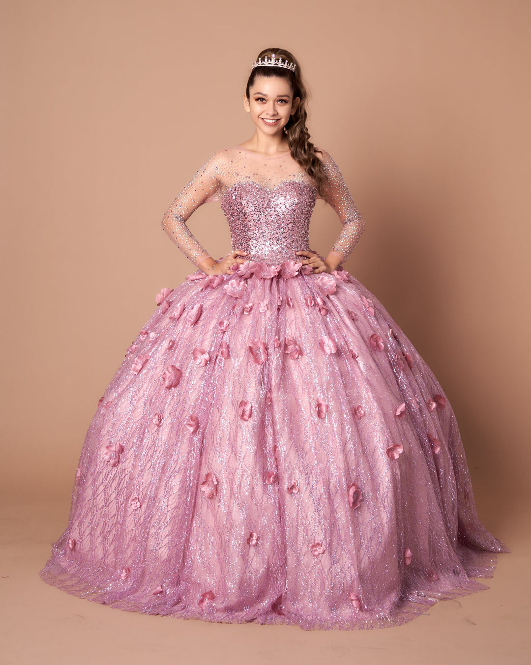 3D Floral Long Sleeve Ball Gown by Calla SCL30002