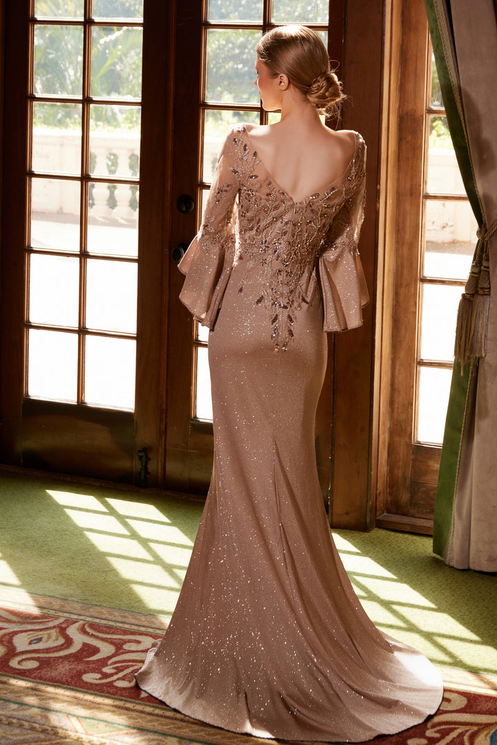 Applique Bell Sleeve Slit Gown by Nox Anabel MD129