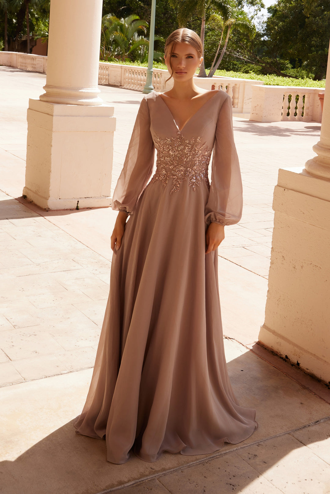 Chiffon Lang Sleeve Gown by Nox Anabel ME128