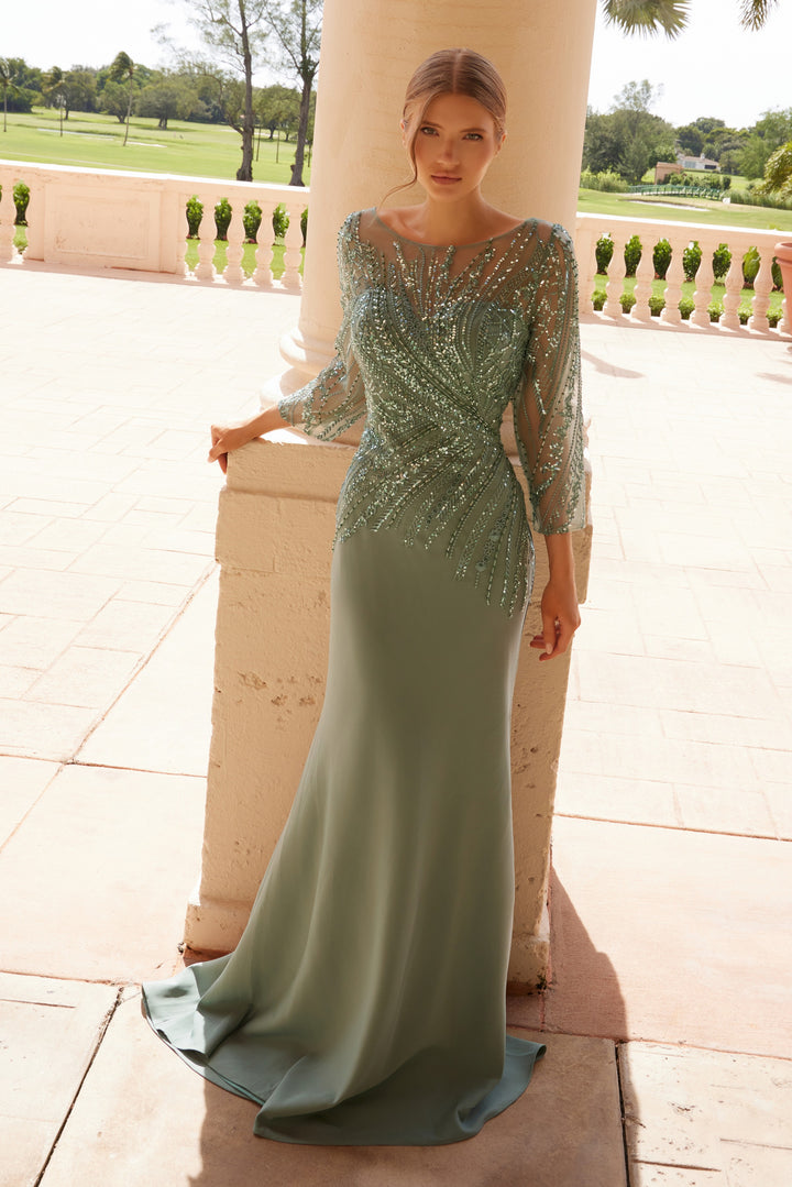 Beaded 3/4 Sleeve Gown by Nox Anabel MH137