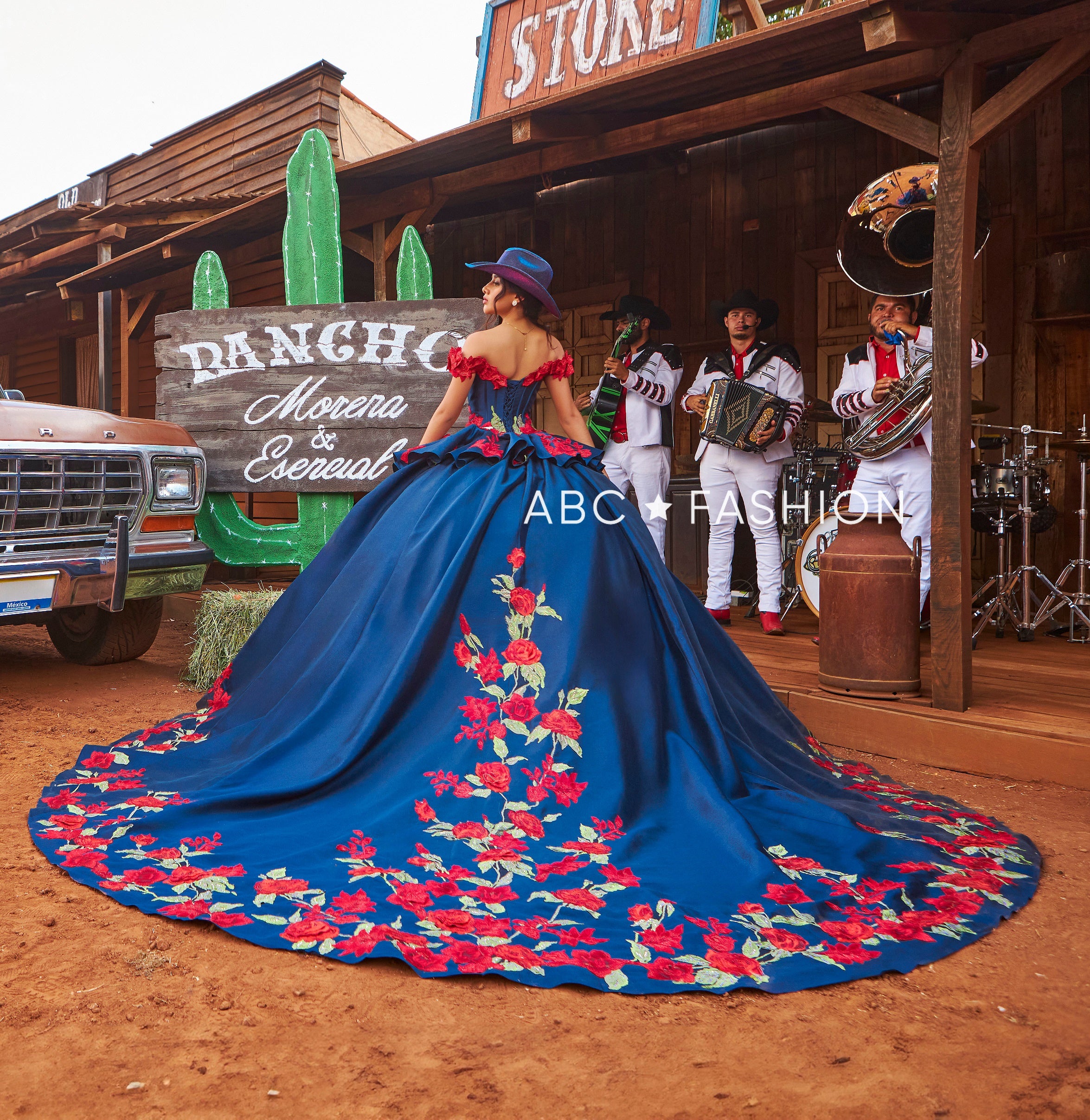 Floral Charro Quinceanera Dress by Ragazza MV54 154 11 Navy Red