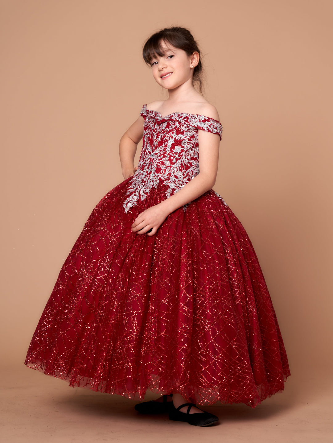 Girls Glitter Print Off Shoulder Gown by Calla WB104