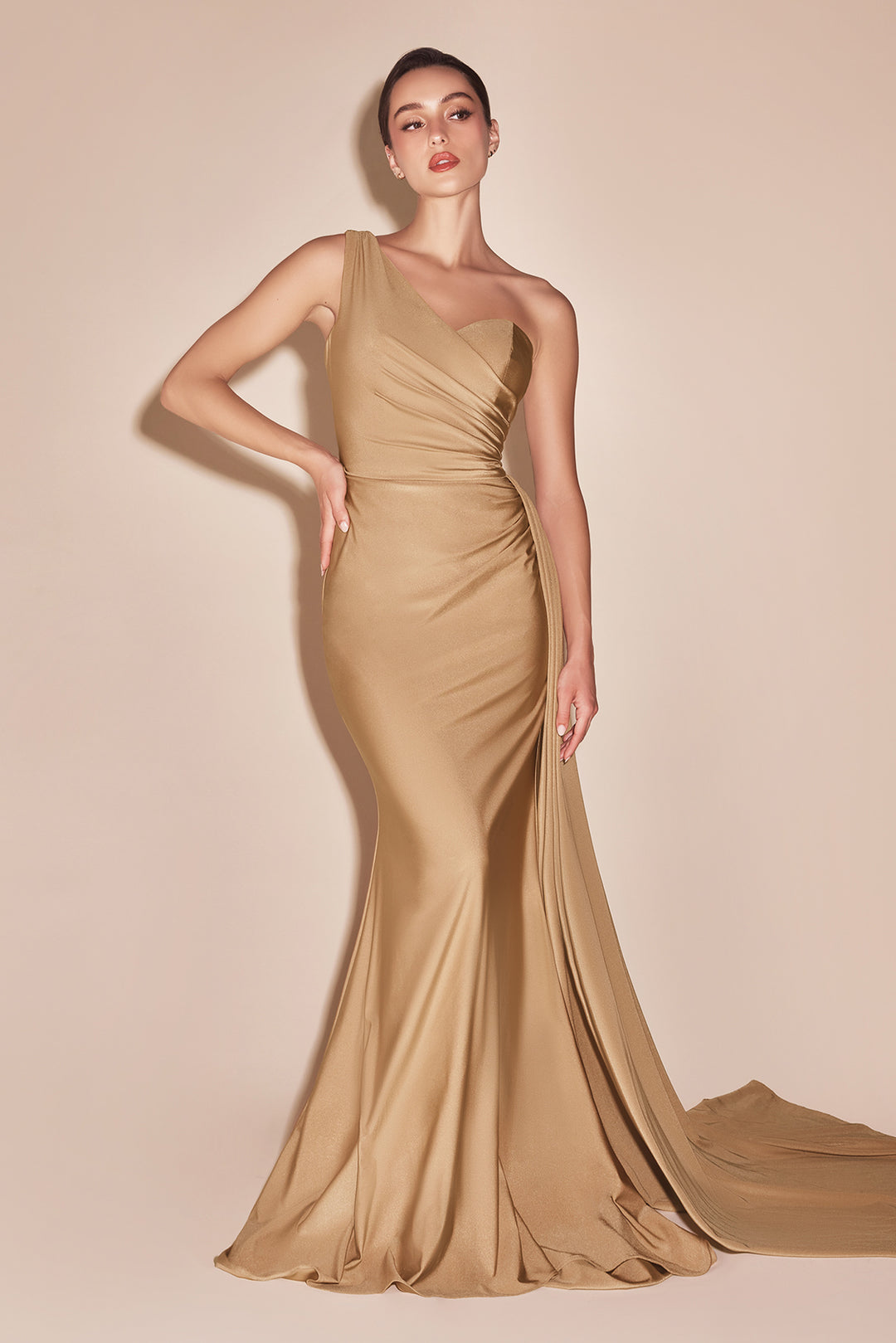 Long Fitted One Shoulder Satin Dress by Ladivine PT004C - Outlet