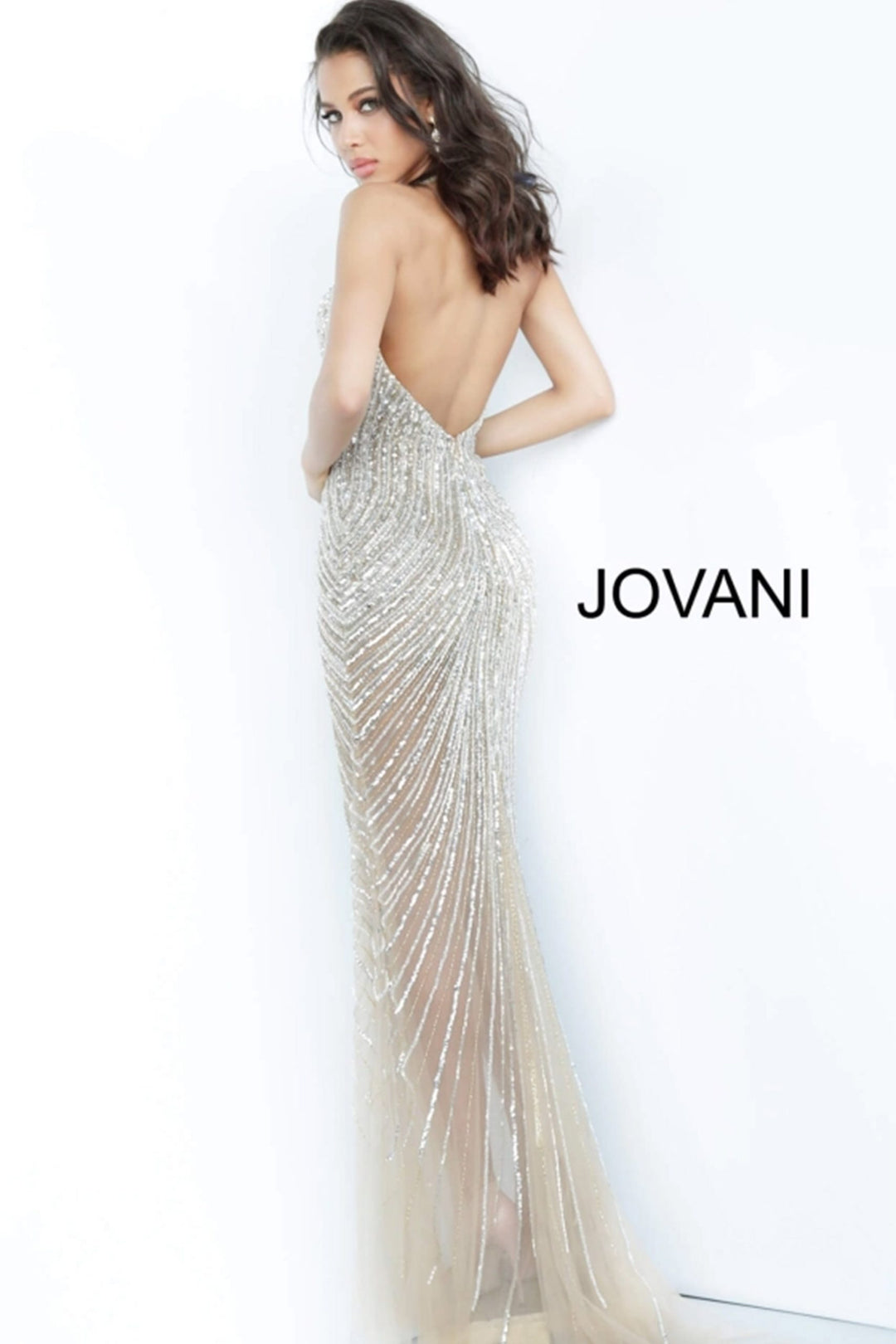 Beaded Fitted Halter Sheer Slit Gown by Jovani 2609