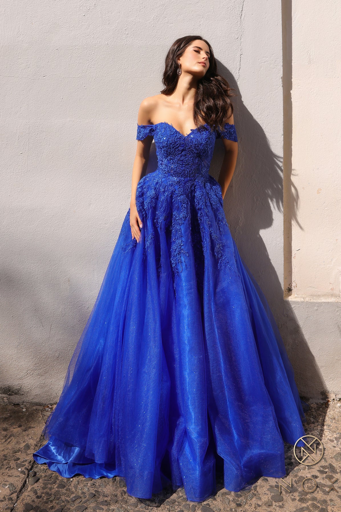 off shoulder ball gown royal blue gown