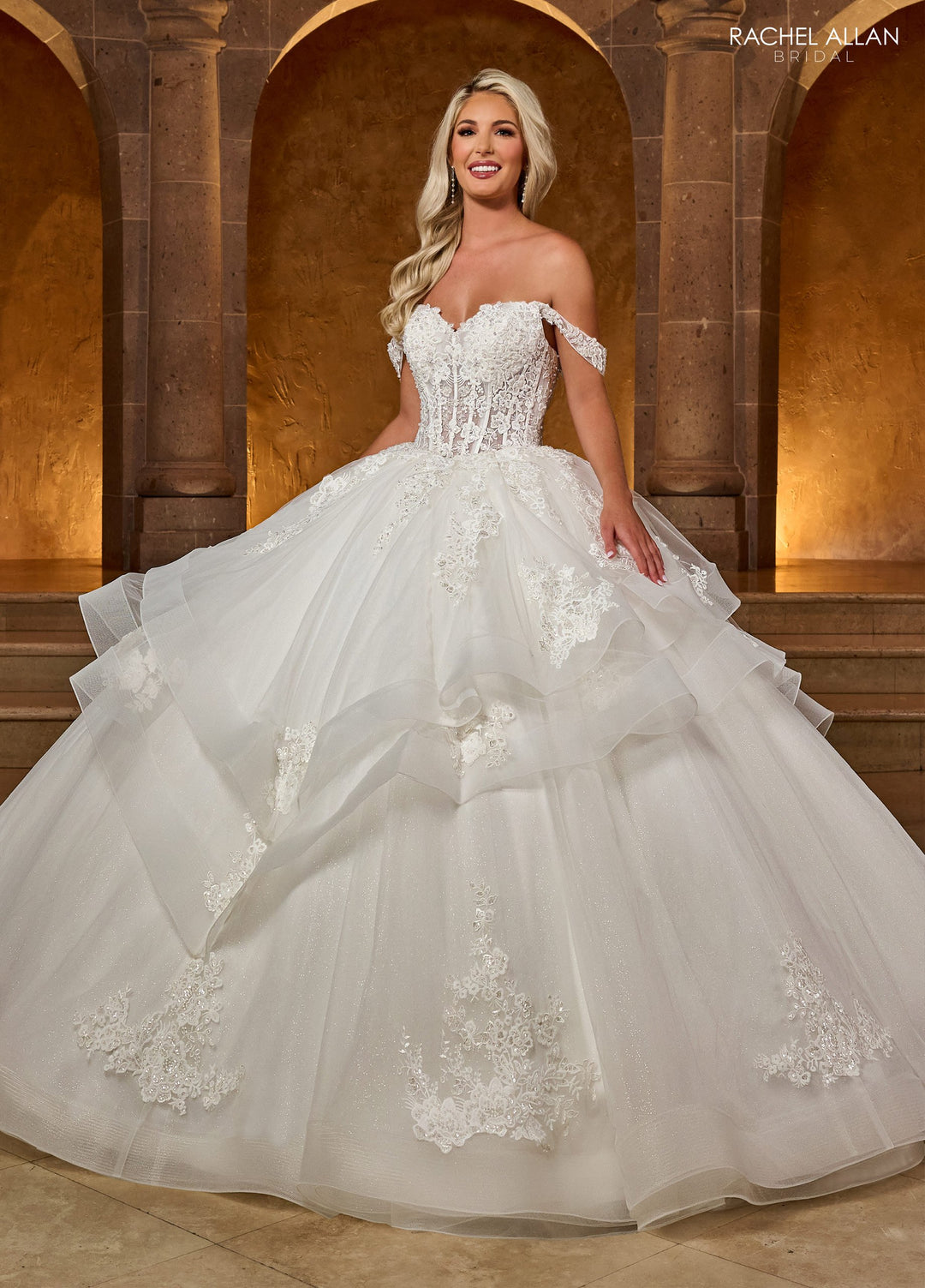 Off Shoulder Layered Bridal Gown by Rachel Allan RB6142