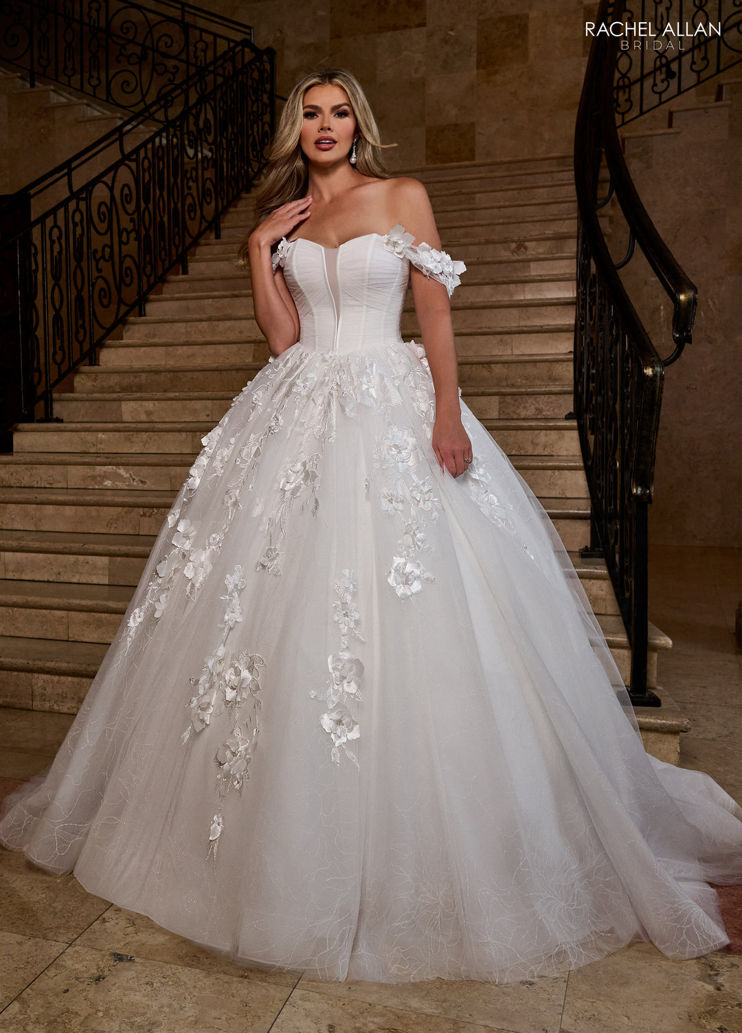 3D Floral Off Shoulder Bridal Gown by Rachel Allan RB6170