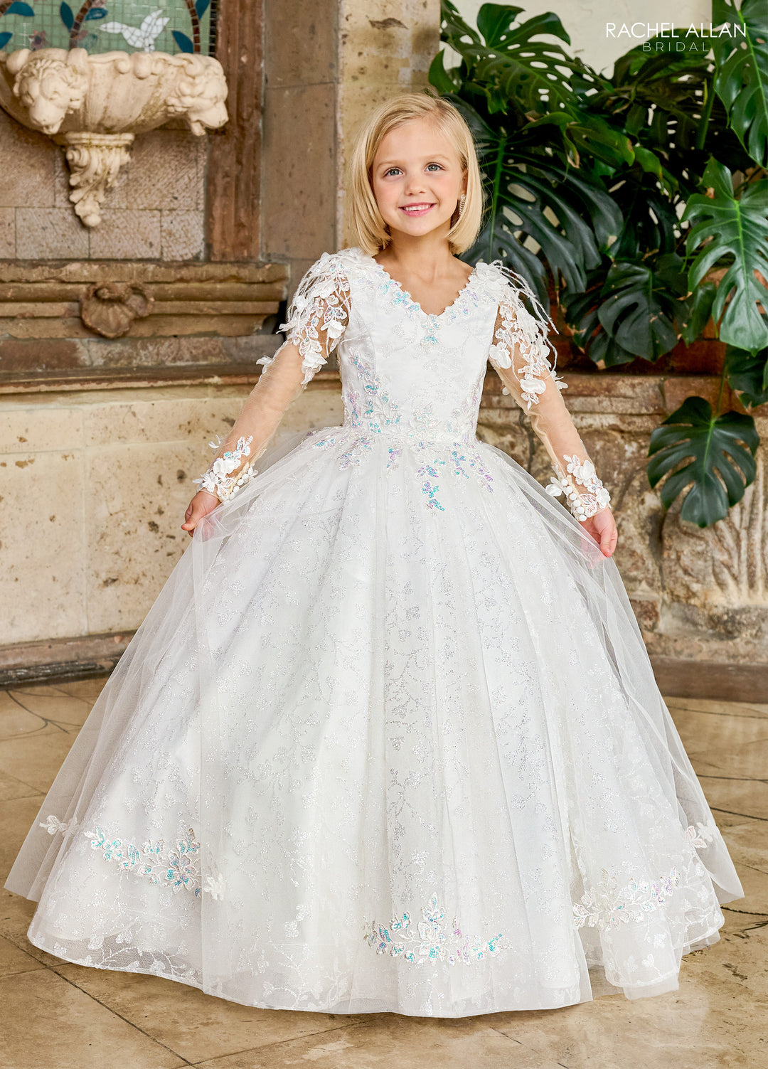 Girls Feather Long Sleeve Gown by Rachel Allan RB9149