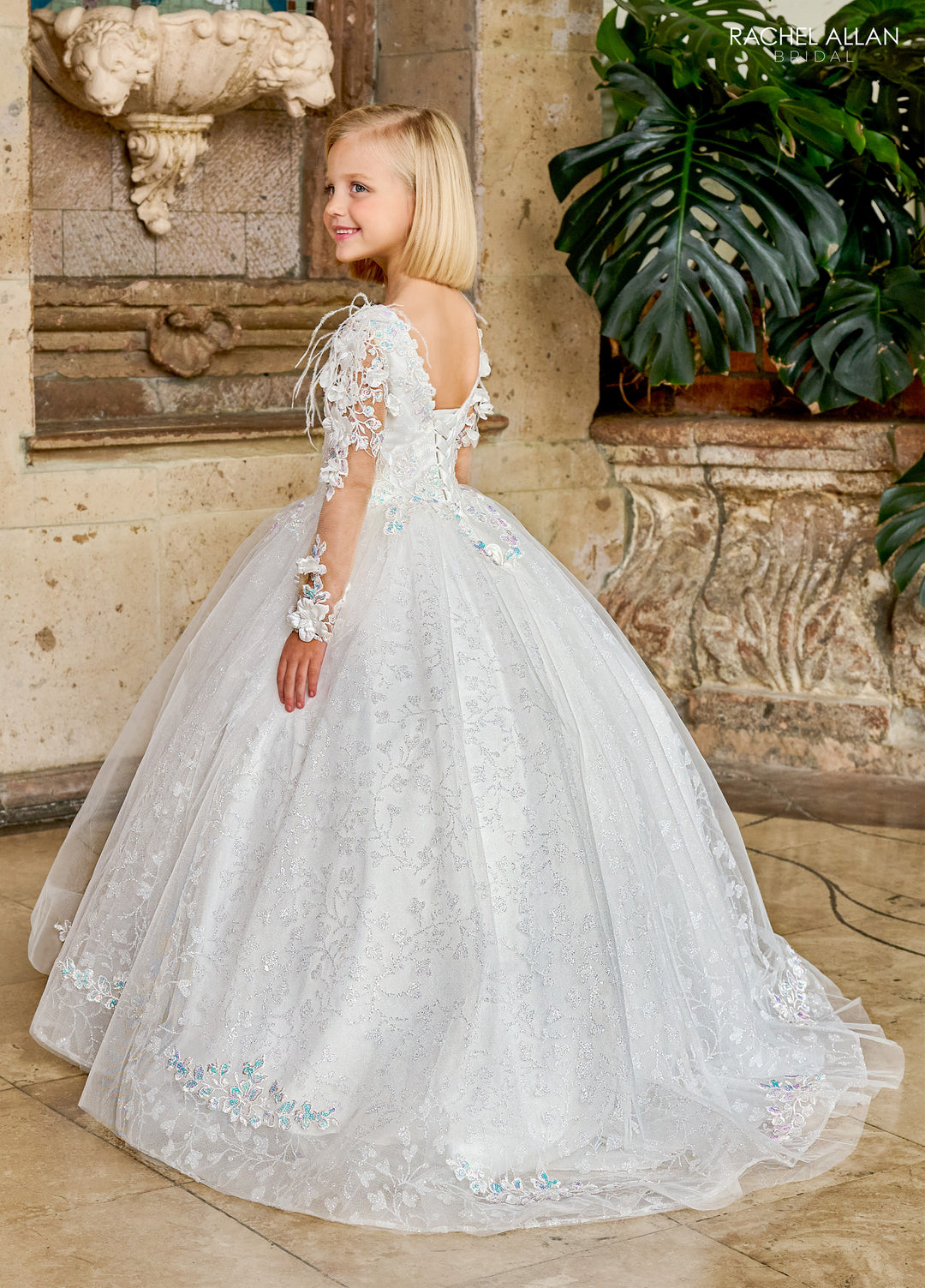 Girls Feather Long Sleeve Gown by Rachel Allan RB9149