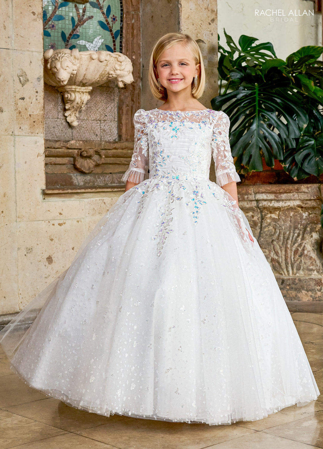 Girls Applique Mid-Sleeve Gown by Rachel Allan RB9152