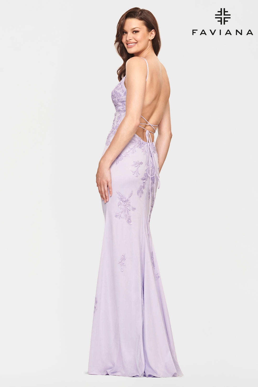 Applique Tulle Fitted V-Neck Gown by Faviana S10633