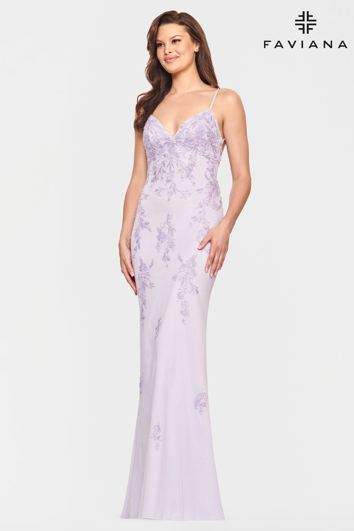 Applique Tulle Fitted V-Neck Gown by Faviana S10633