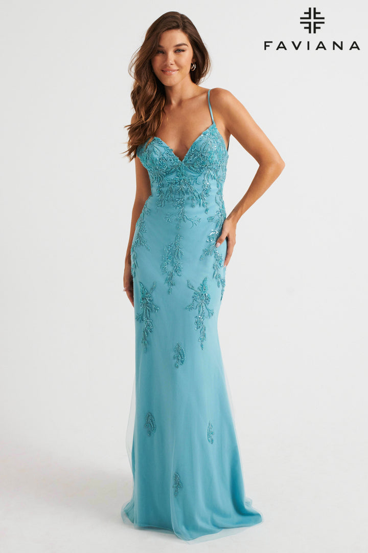 Applique Tulle Fitted V-Neck Gown by Faviana S10633