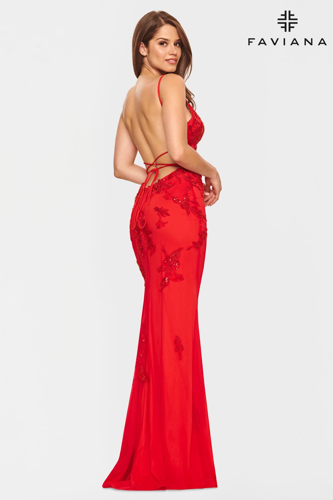 Applique Tulle Fitted V-Neck Gown by Faviana S10633