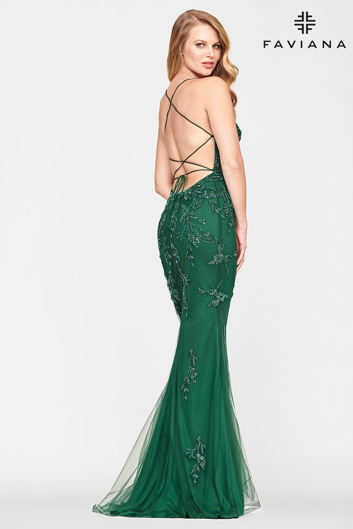 Applique Fitted Strappy Back Gown by Faviana S10634