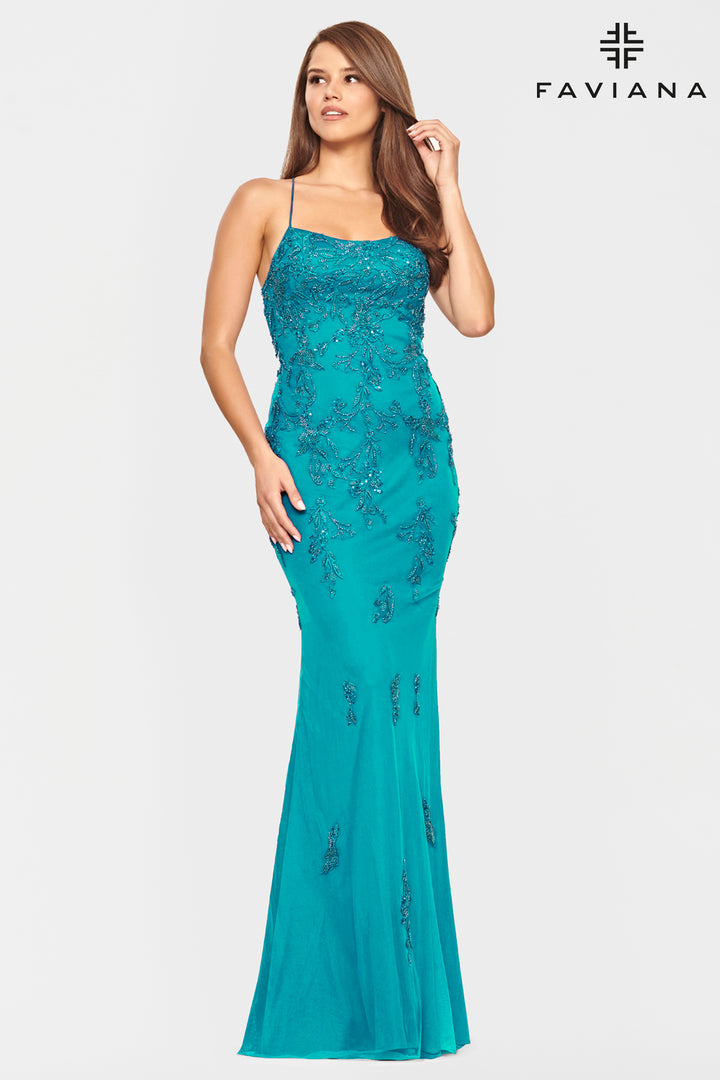 Applique Fitted Strappy Back Gown by Faviana S10634