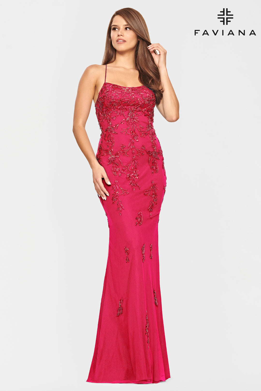 Applique Fitted Strappy Back Gown by Faviana S10634