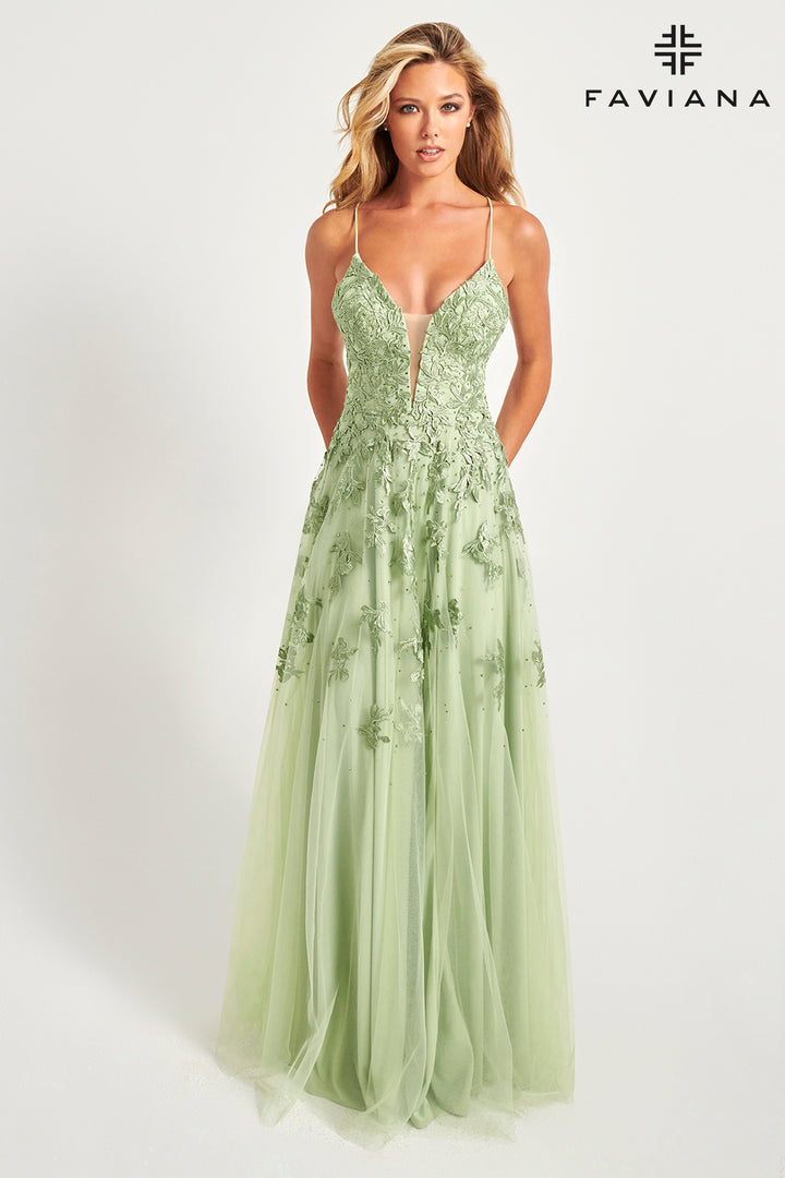 Applique V-Neck A-line Slit Gown by Faviana S10640