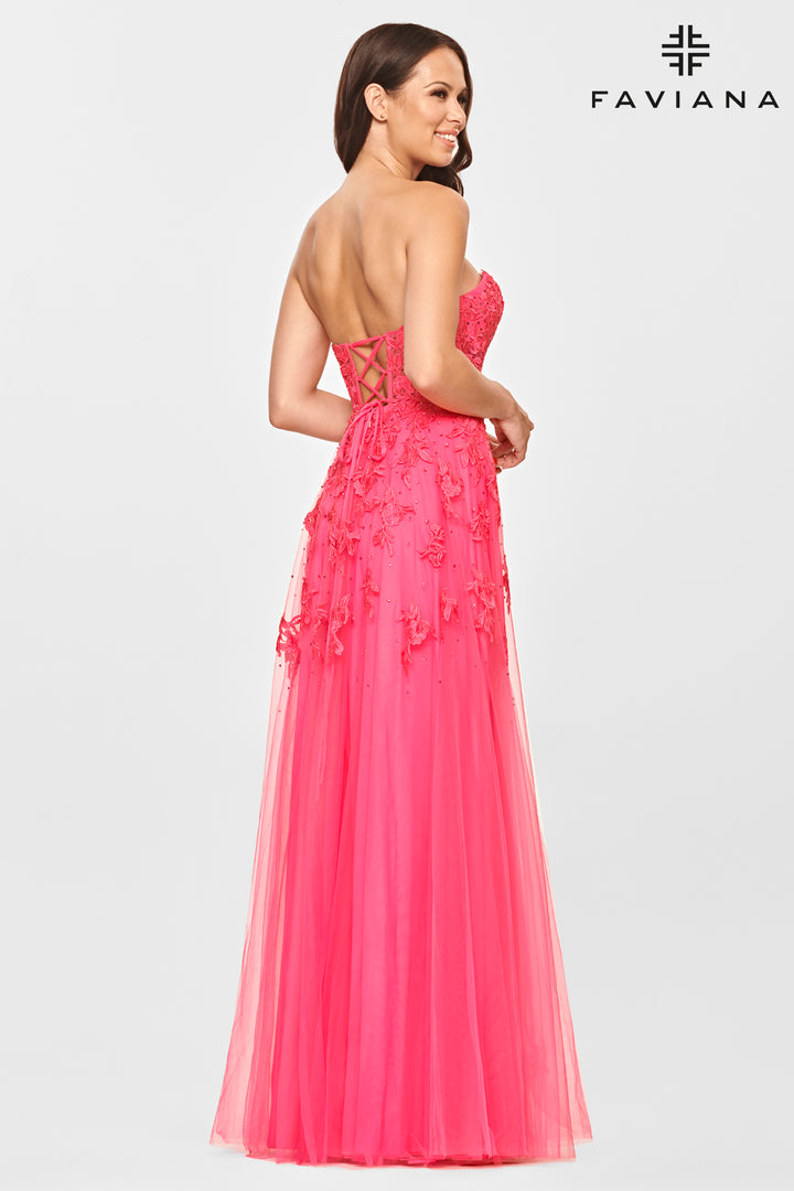 Applique Strapless A-line Slit Gown by Faviana S10814