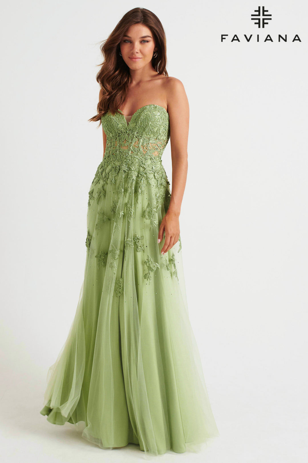 Applique Strapless A-line Slit Gown by Faviana S10814