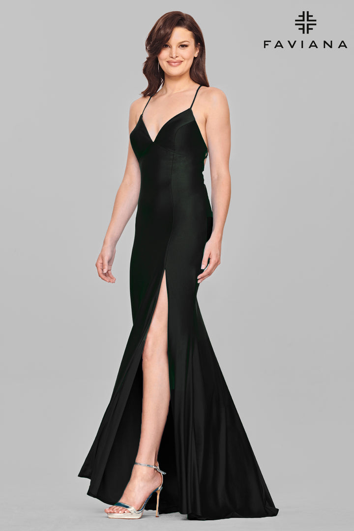 Charmeuse V-Neck Slit Gown by Faviana S10826