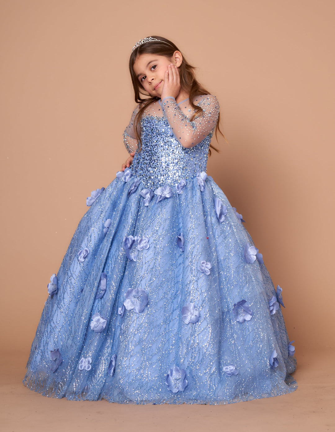 Girls 3D Floral Long Sleeve Gown by Calla SCK302