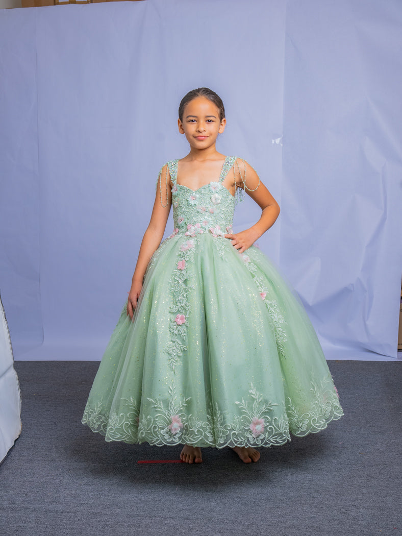 Girls Floral Applique Sleeveless Gown by Calla SCK311