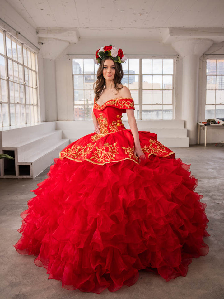 Ruffled Charro Off Shoulder Ball Gown by Calla SCL30013