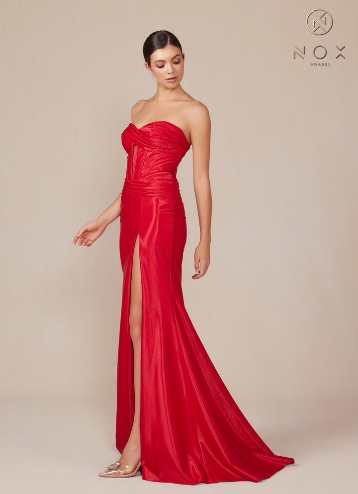 Satin Fitted Strapless Slit Gown by Nox Anabel T1489