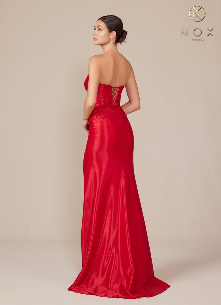 Satin Fitted Strapless Slit Gown by Nox Anabel T1489