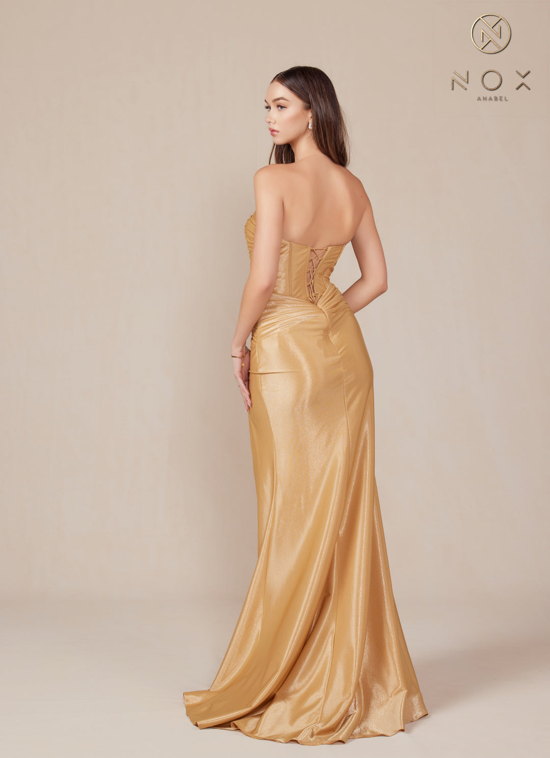 Satin Fitted Strapless Slit Gown by Nox Anabel T1489