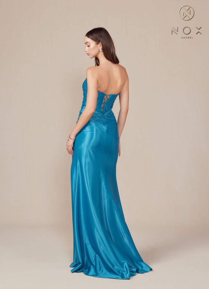 Satin Fitted Strapless Slit Gown by Nox Anabel T1489