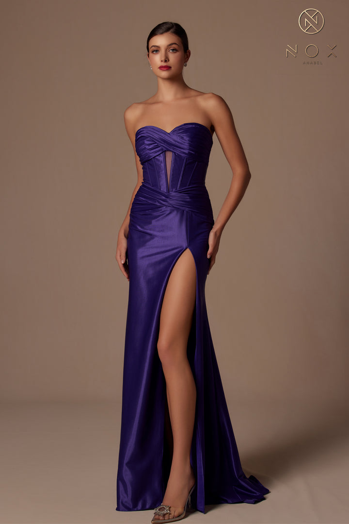 Satin Fitted Strapless Slit Gown by Nox Anabel T1489